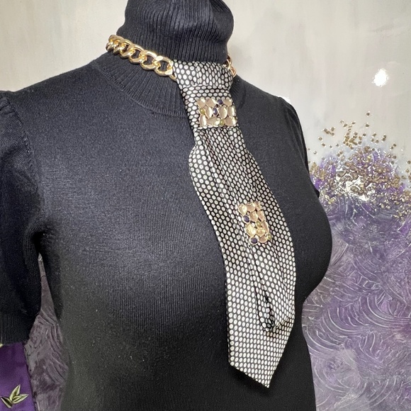 Up-cycled Grey and Black Polka Dot Woman Necktie Necklace With Necklace - Picture 3 of 10